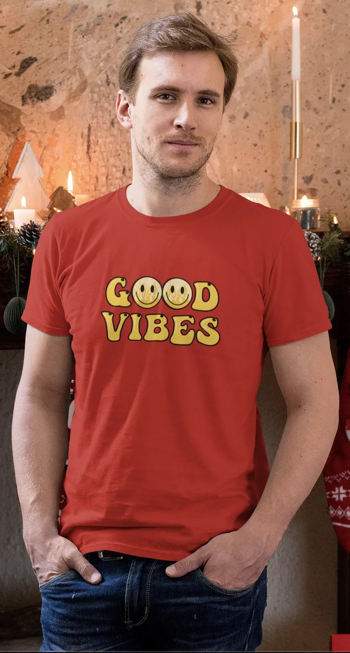 Good Vibes Flame Smiley T-Shirt – Yellow Cartoon Tee for Men