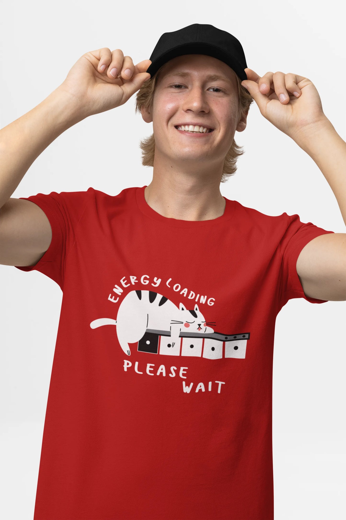 "Low Battery Mode Activated – Cute Lazy Cat Graphic Tee" | Men’s T-shirt for Animal Lovers