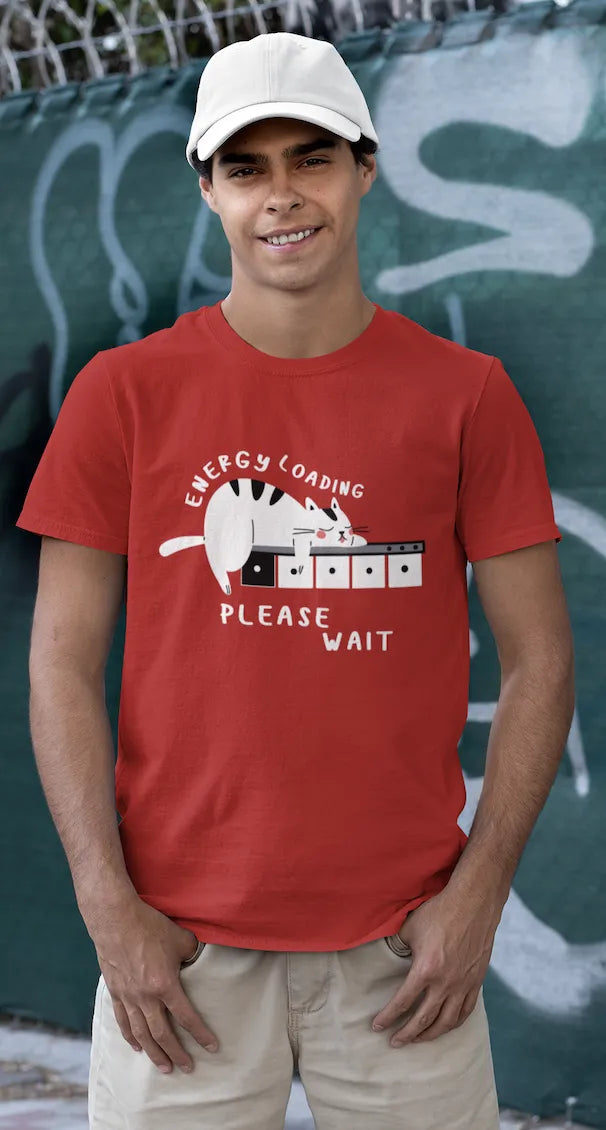 "Low Battery Mode Activated – Cute Lazy Cat Graphic Tee" | Men’s T-shirt for Animal Lovers