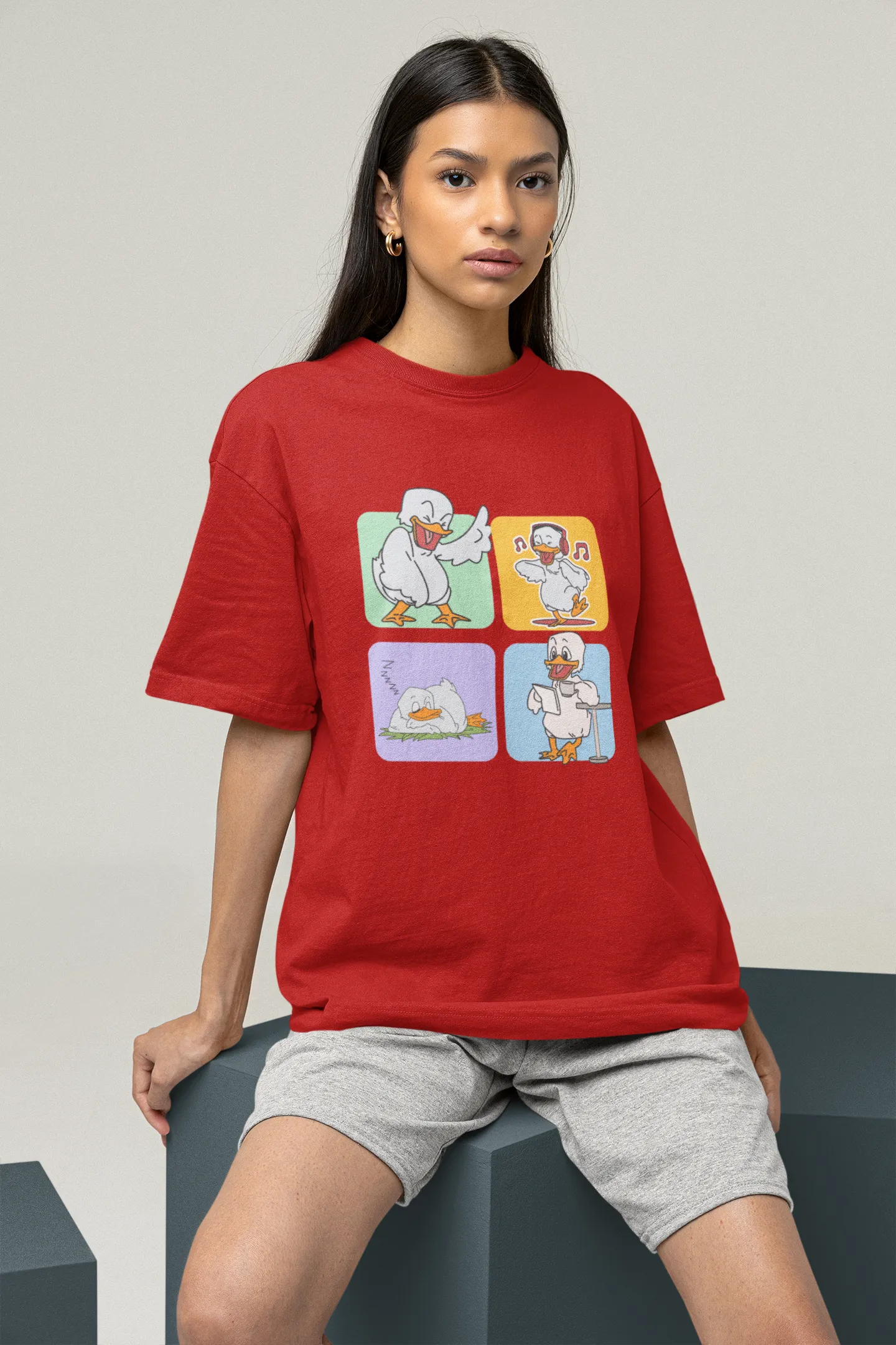 "Mood Swing Duck Graphic T-Shirt – Funny Cartoon Vibes Tee | Chill, Dance, Sleep & Read" | Women’s T-shirt for Cartoon Lovers