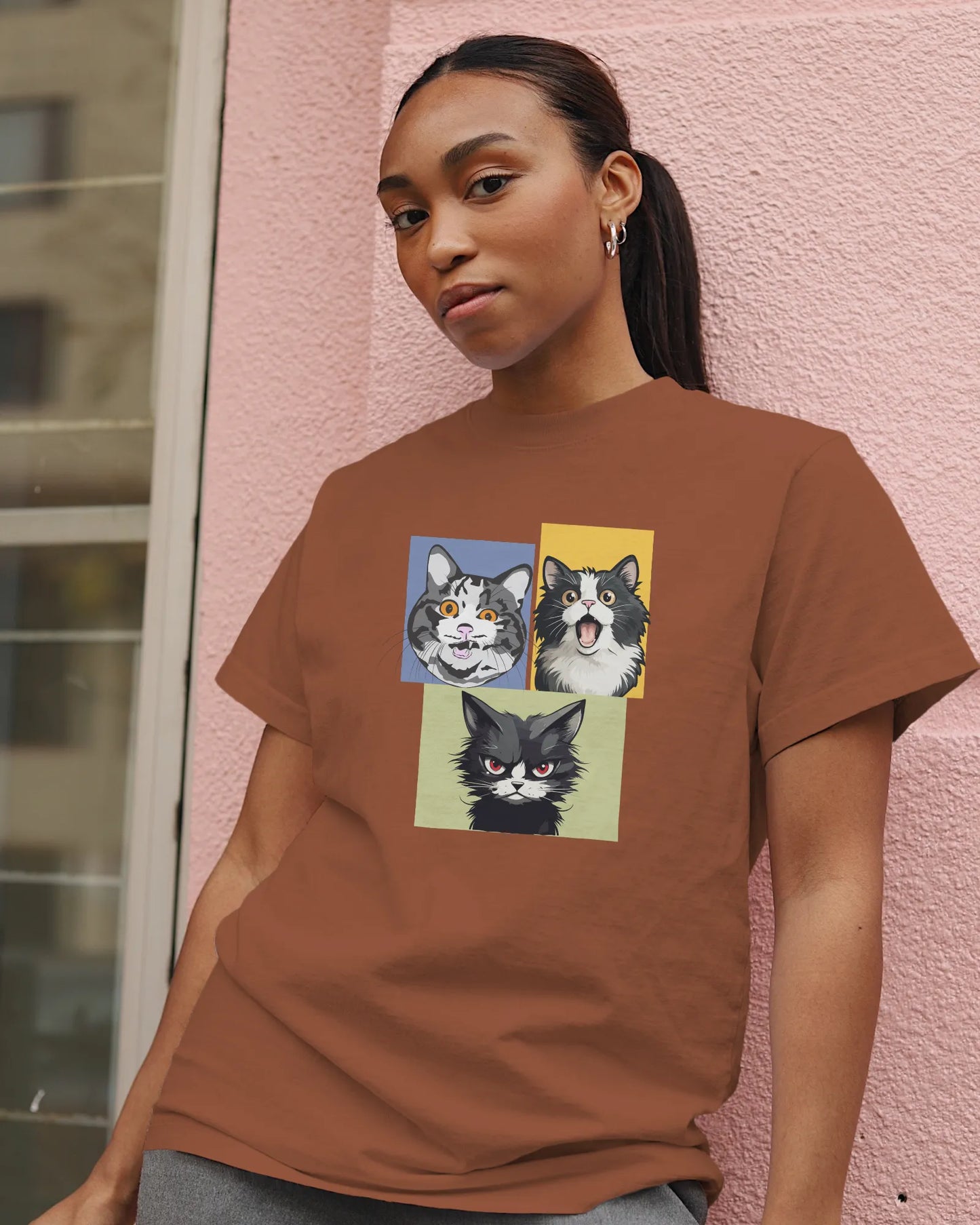 Grumpy, Happy & Surprised Cats Faces Graphic Tee for Women