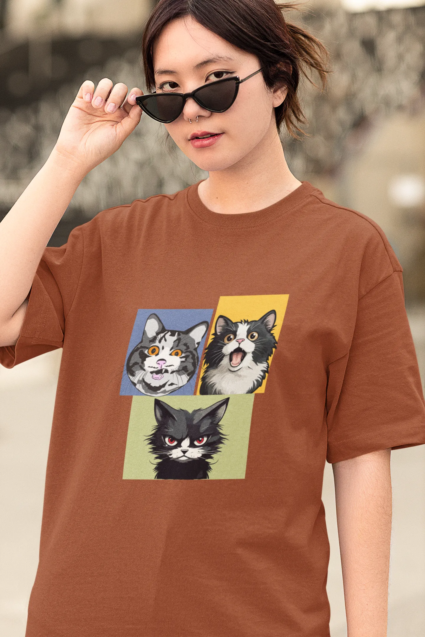 Grumpy, Happy & Surprised Cats Faces Graphic Tee for Women