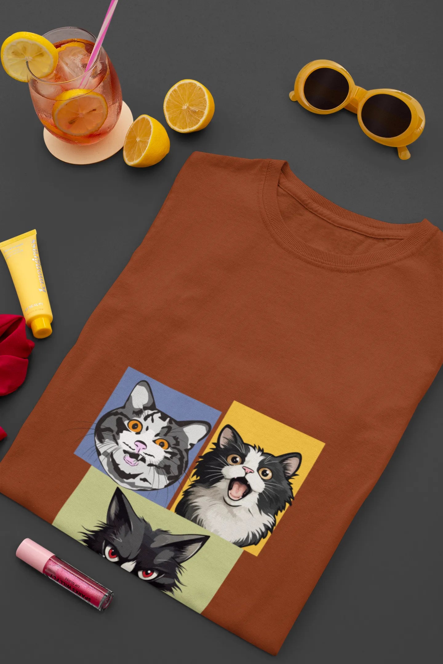Grumpy, Happy & Surprised Cats Faces Graphic Tee for Women