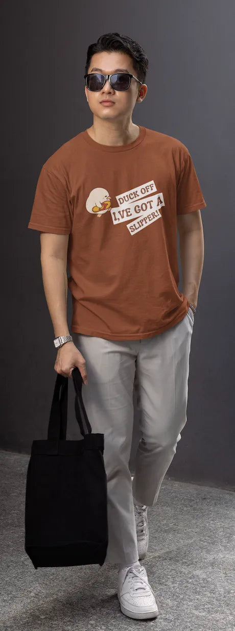 "Funny Duck Off Slipper T-Shirt – Cute Angry Duck Graphic Tee" | Men’s T-shirt for Animal Lovers