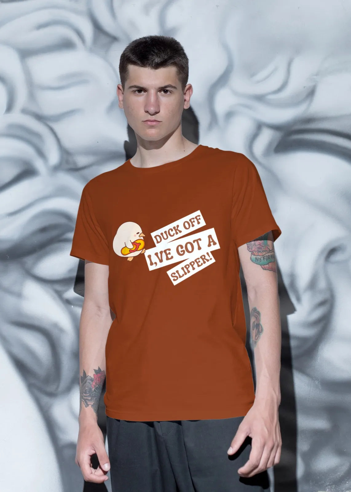 "Funny Duck Off Slipper T-Shirt – Cute Angry Duck Graphic Tee" | Men’s T-shirt for Animal Lovers