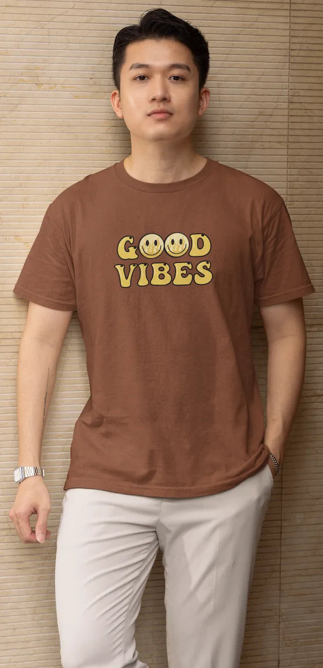 Good Vibes Flame Smiley T-Shirt – Yellow Cartoon Tee for Men