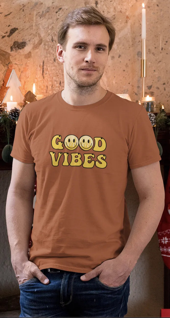 Good Vibes Flame Smiley T-Shirt – Yellow Cartoon Tee for Men