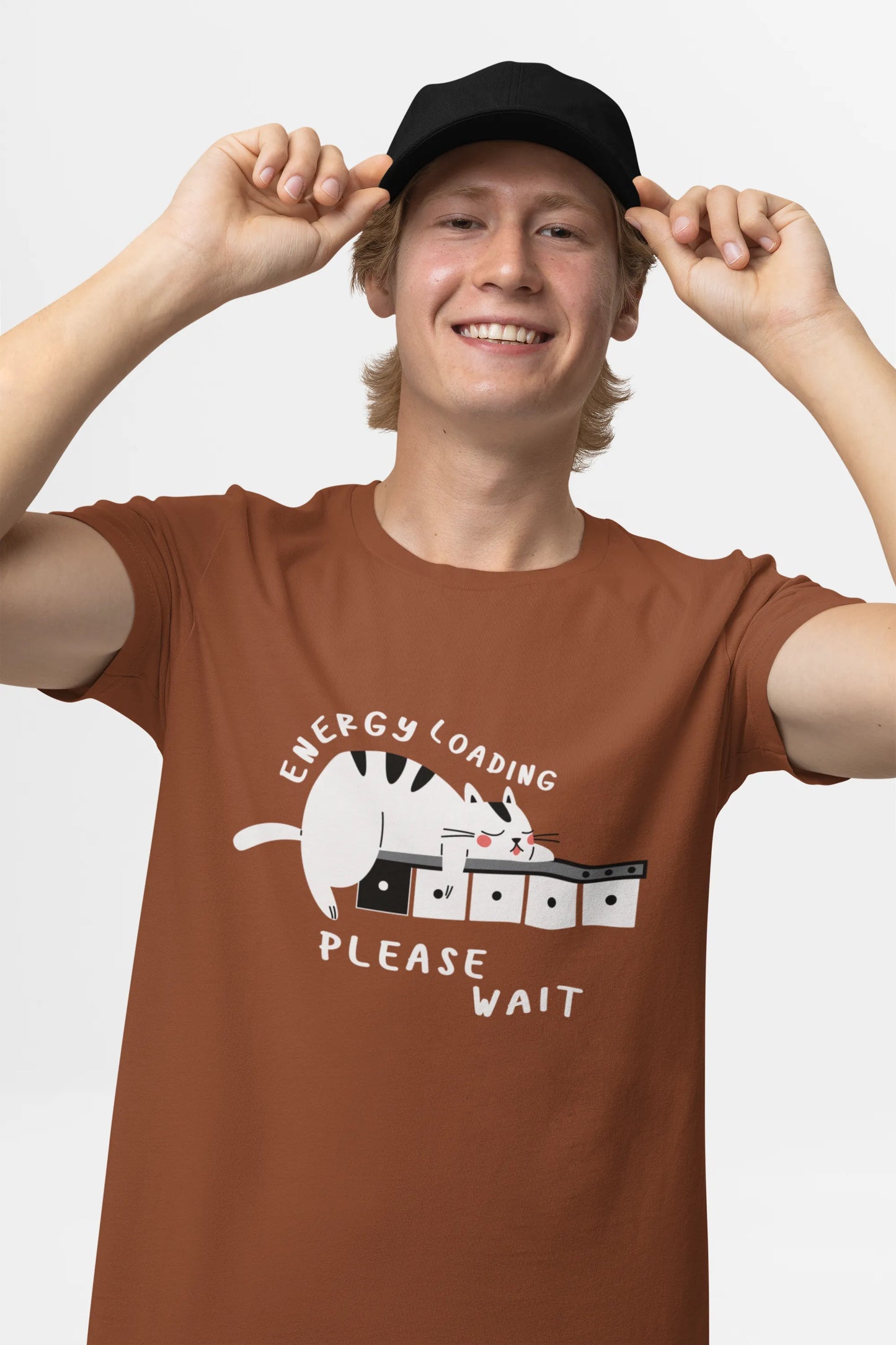 "Low Battery Mode Activated – Cute Lazy Cat Graphic Tee" | Men’s T-shirt for Animal Lovers