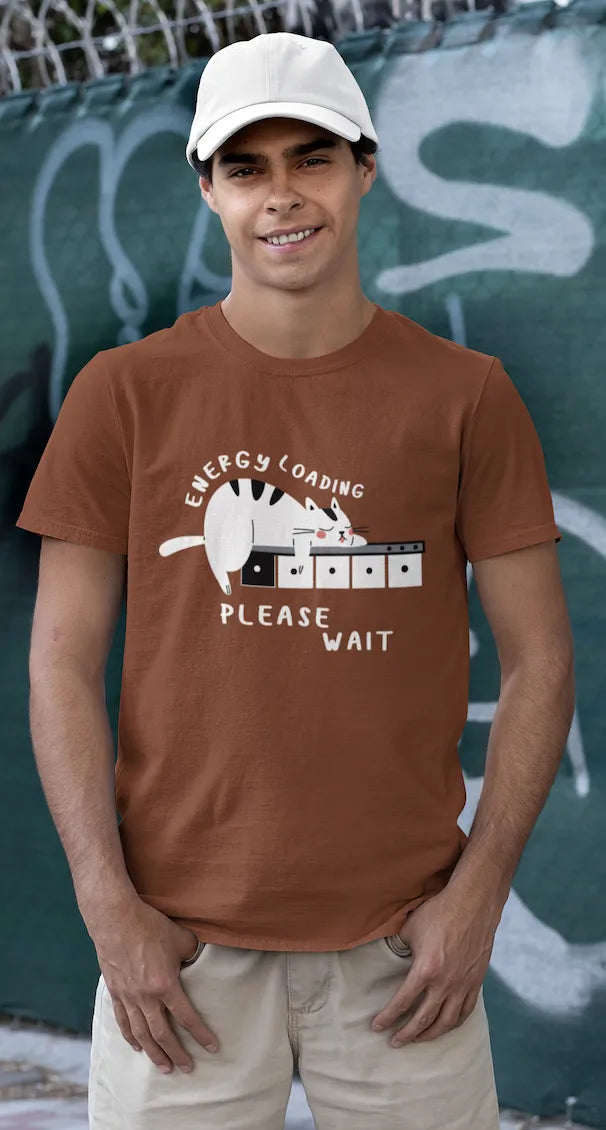 "Low Battery Mode Activated – Cute Lazy Cat Graphic Tee" | Men’s T-shirt for Animal Lovers