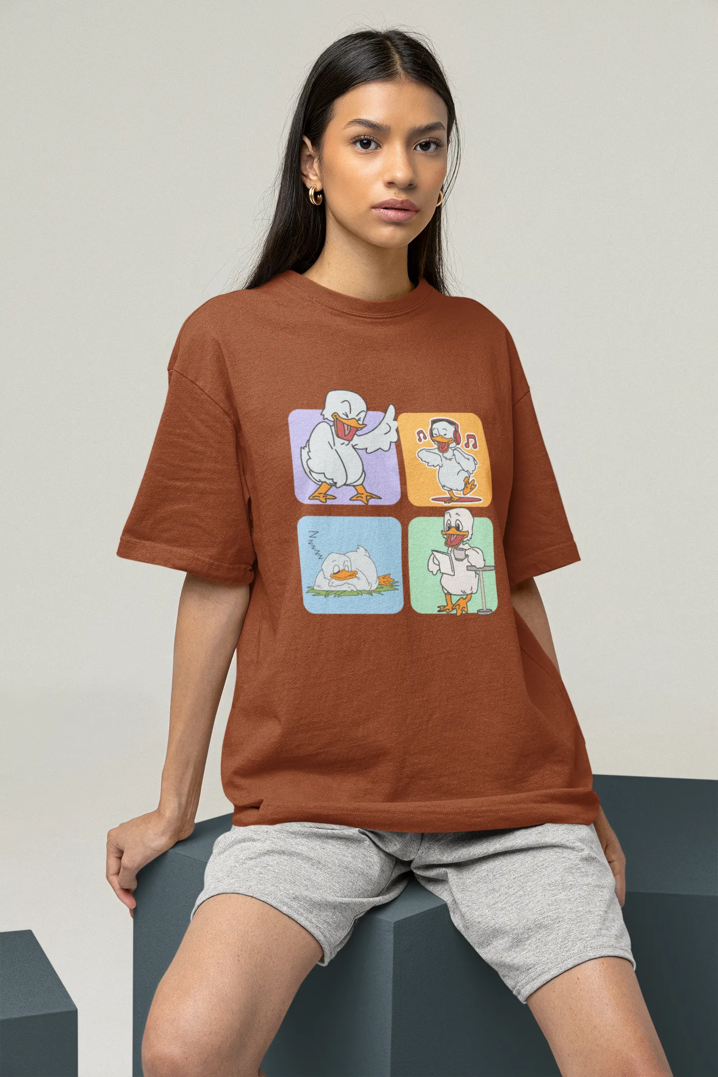 "Mood Swing Duck Graphic T-Shirt – Funny Cartoon Vibes Tee | Chill, Dance, Sleep & Read" | Women’s T-shirt for Cartoon Lovers