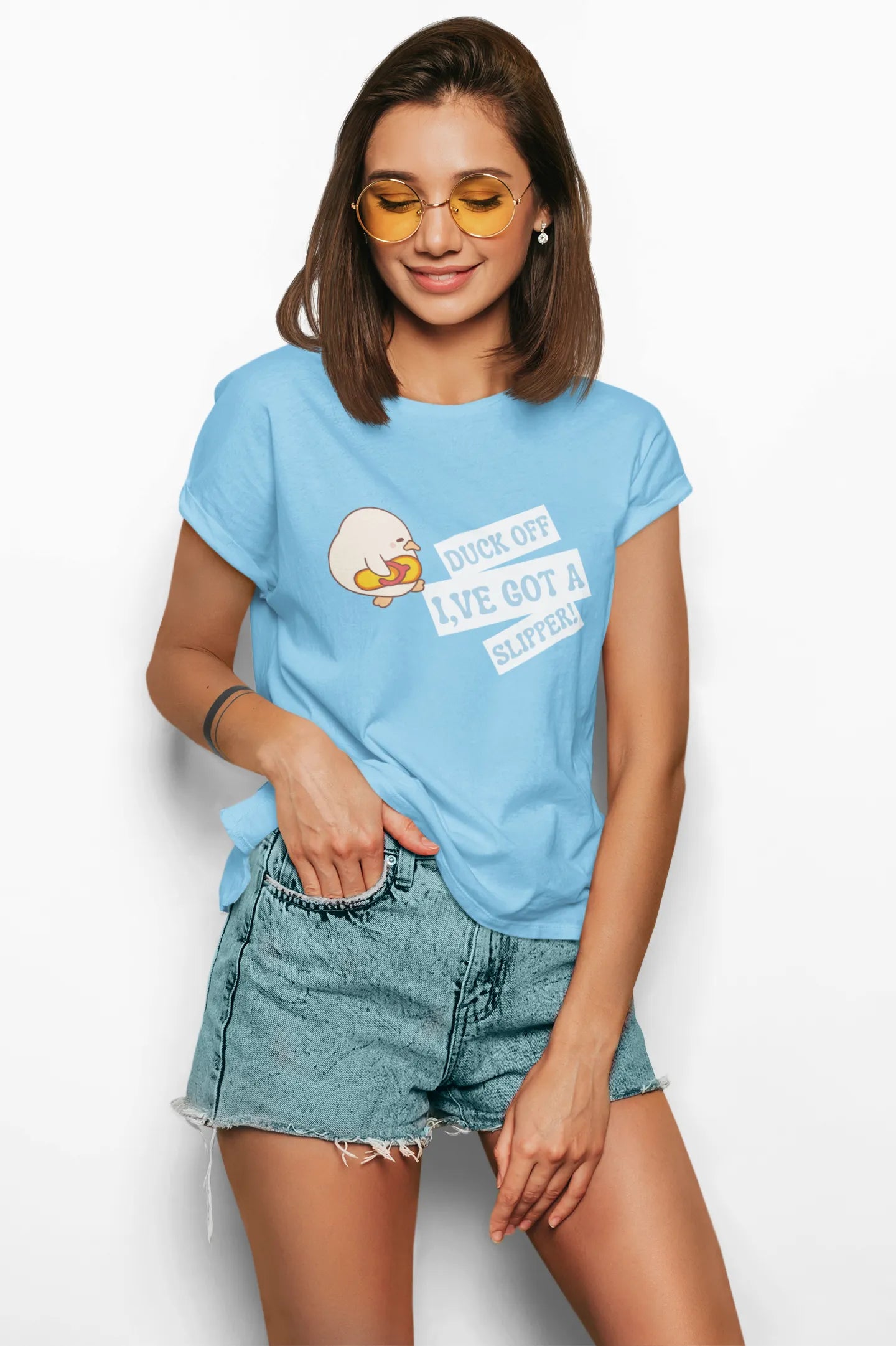 "Funny Duck Off Slipper T-Shirt – Cute Angry Duck Graphic Tee" | Women’s T-shirt for Animal Lovers