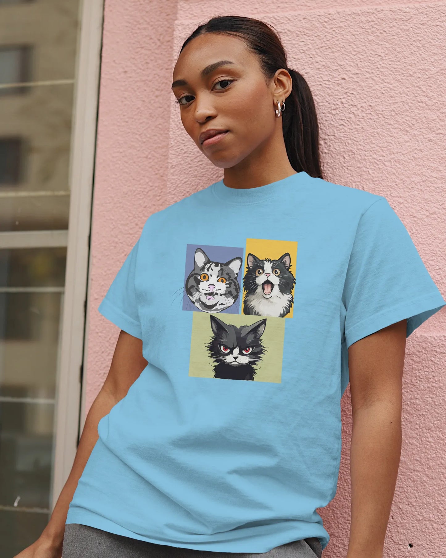 Grumpy, Happy & Surprised Cats Faces Graphic Tee for Women