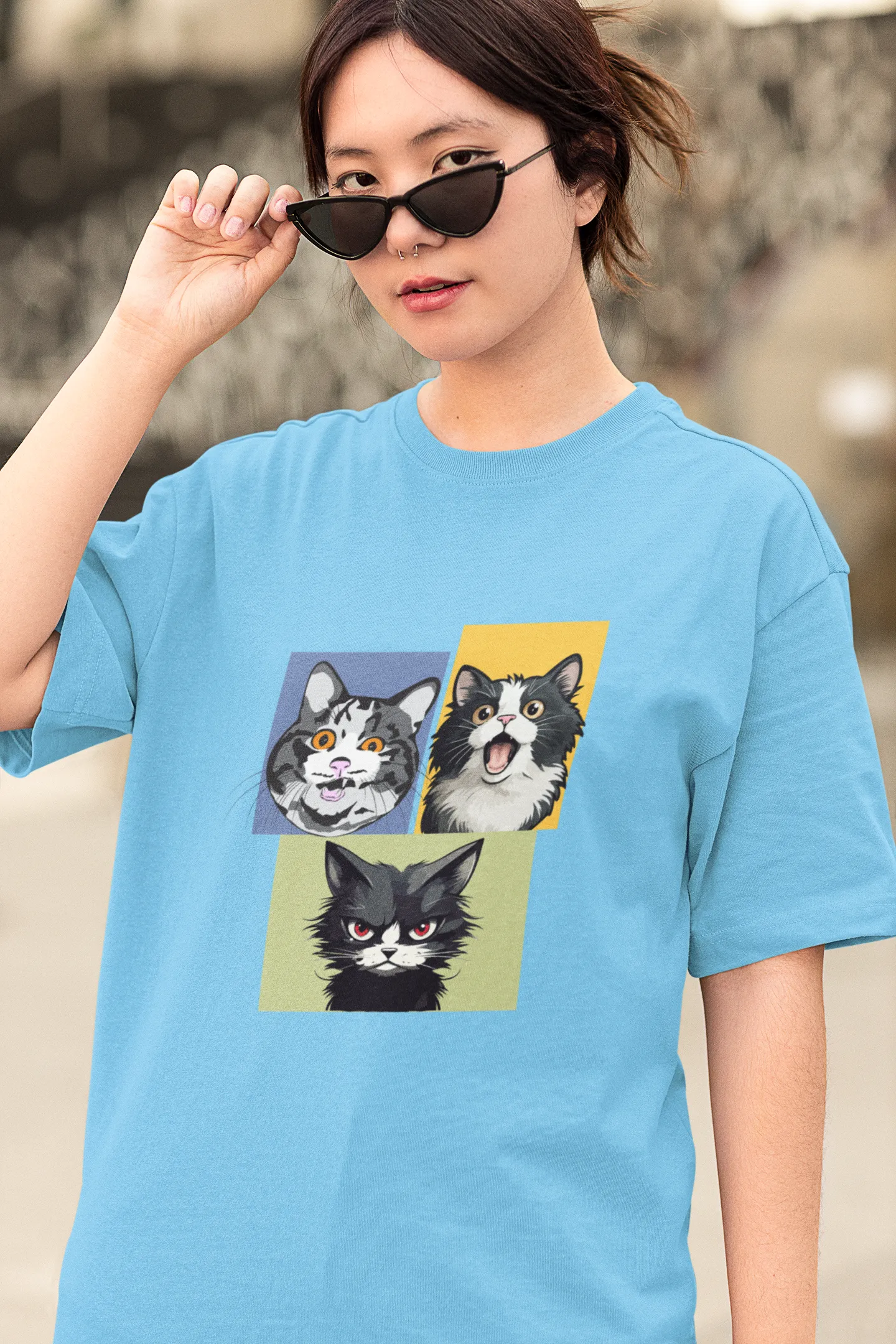 Grumpy, Happy & Surprised Cats Faces Graphic Tee for Women