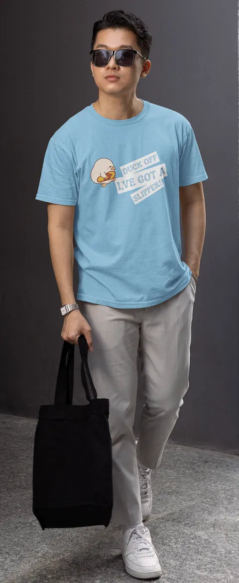 "Funny Duck Off Slipper T-Shirt – Cute Angry Duck Graphic Tee" | Men’s T-shirt for Animal Lovers