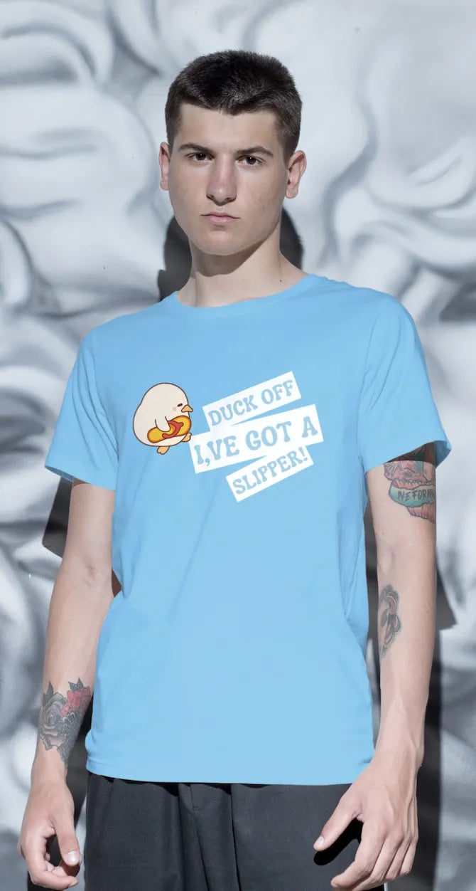 "Funny Duck Off Slipper T-Shirt – Cute Angry Duck Graphic Tee" | Men’s T-shirt for Animal Lovers