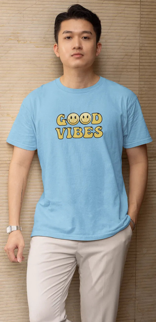 Good Vibes Flame Smiley T-Shirt – Yellow Cartoon Tee for Men