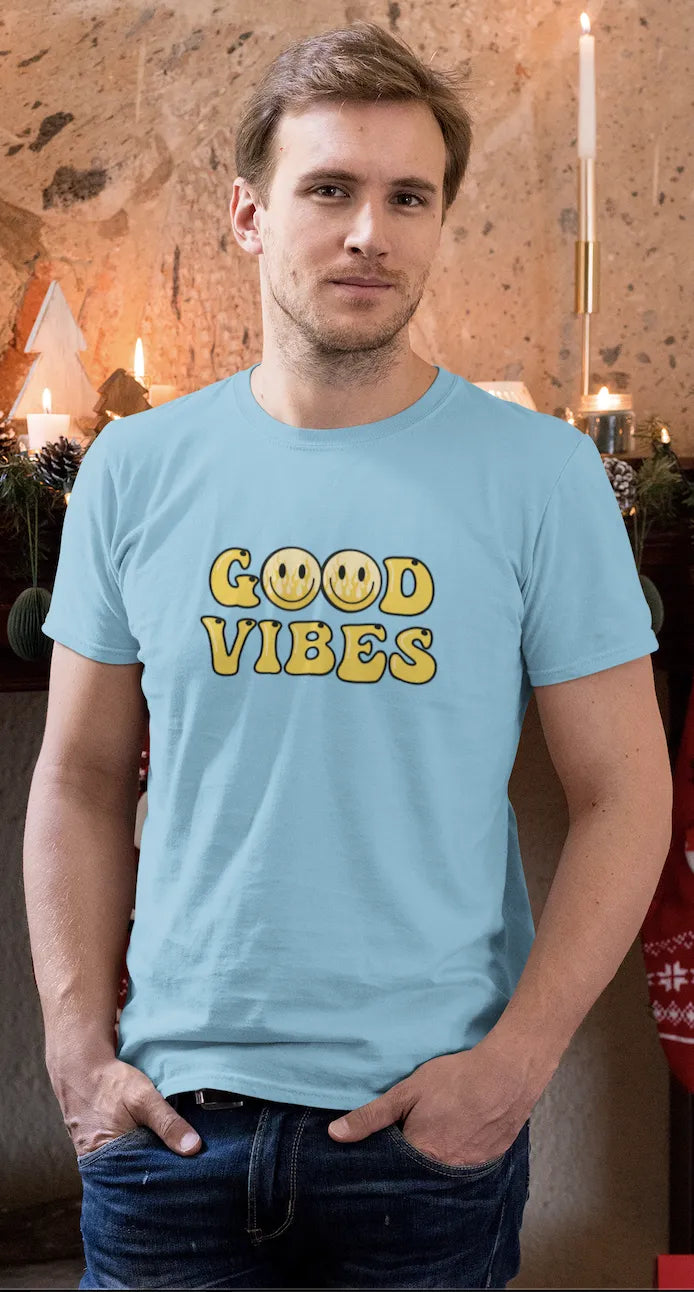Good Vibes Flame Smiley T-Shirt – Yellow Cartoon Tee for Men