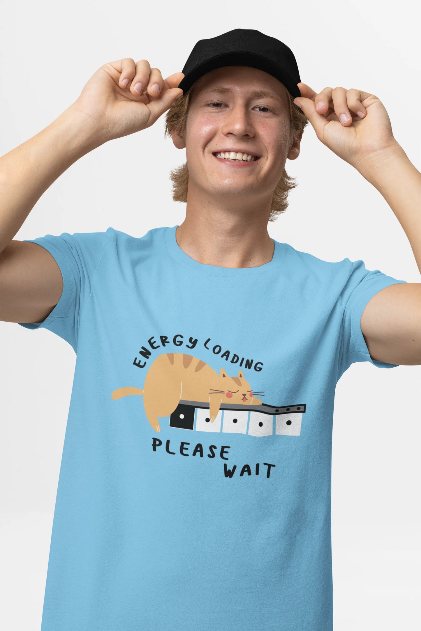 "Low Battery Mode Activated – Cute Lazy Cat Graphic Tee" | Men’s T-shirt for Animal Lovers