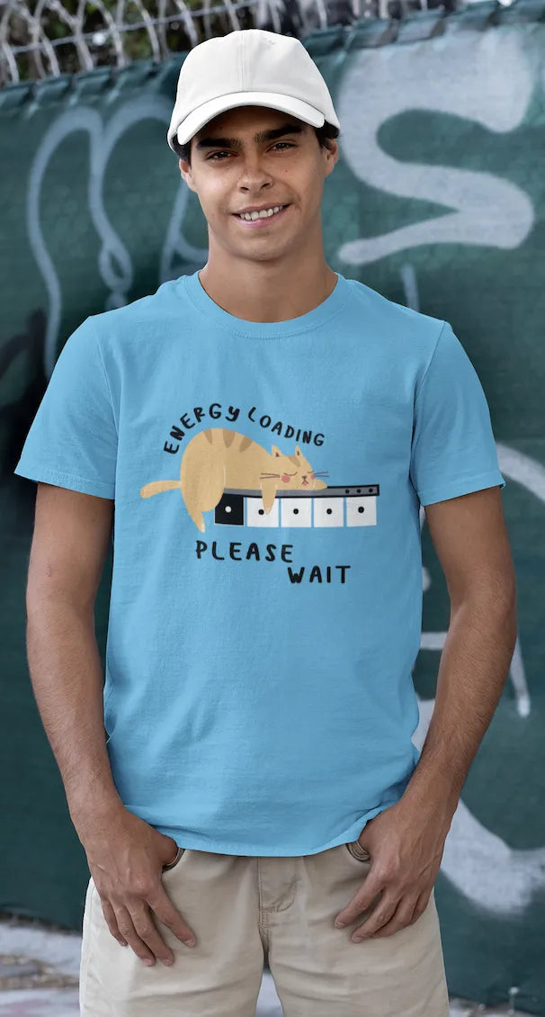 "Low Battery Mode Activated – Cute Lazy Cat Graphic Tee" | Men’s T-shirt for Animal Lovers