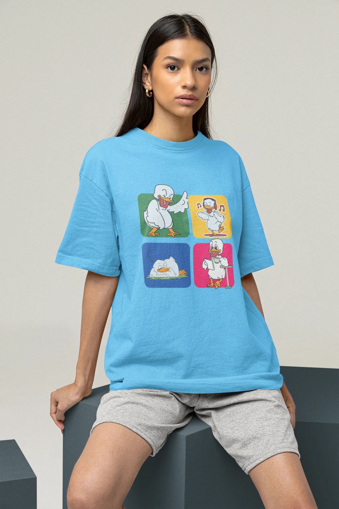 "Mood Swing Duck Graphic T-Shirt – Funny Cartoon Vibes Tee | Chill, Dance, Sleep & Read" | Women’s T-shirt for Cartoon Lovers
