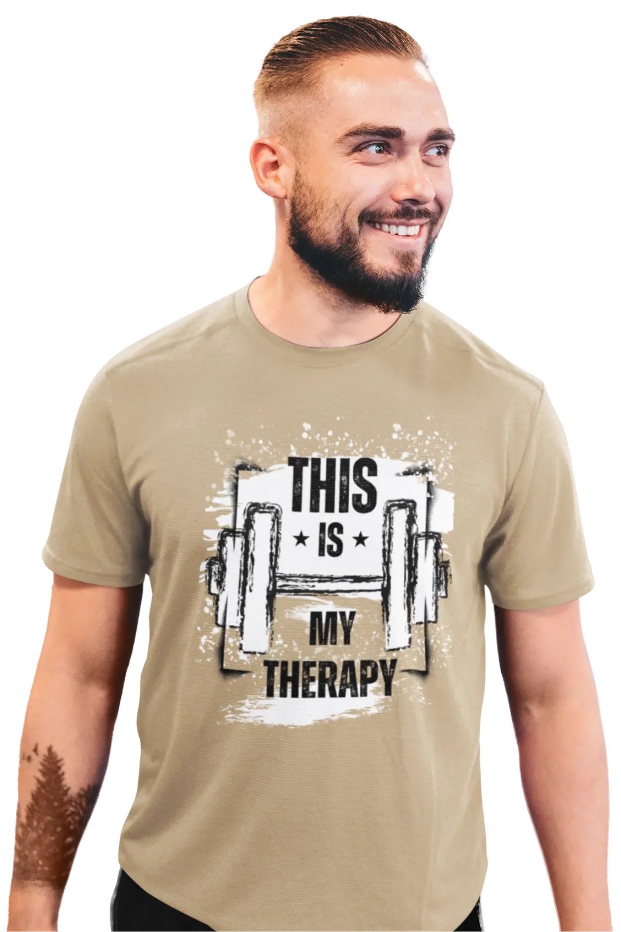Man wearing beige brown shade t-shirt with bold quote “This Is My Therapy” and a sketched dumbbell design printed on chest.