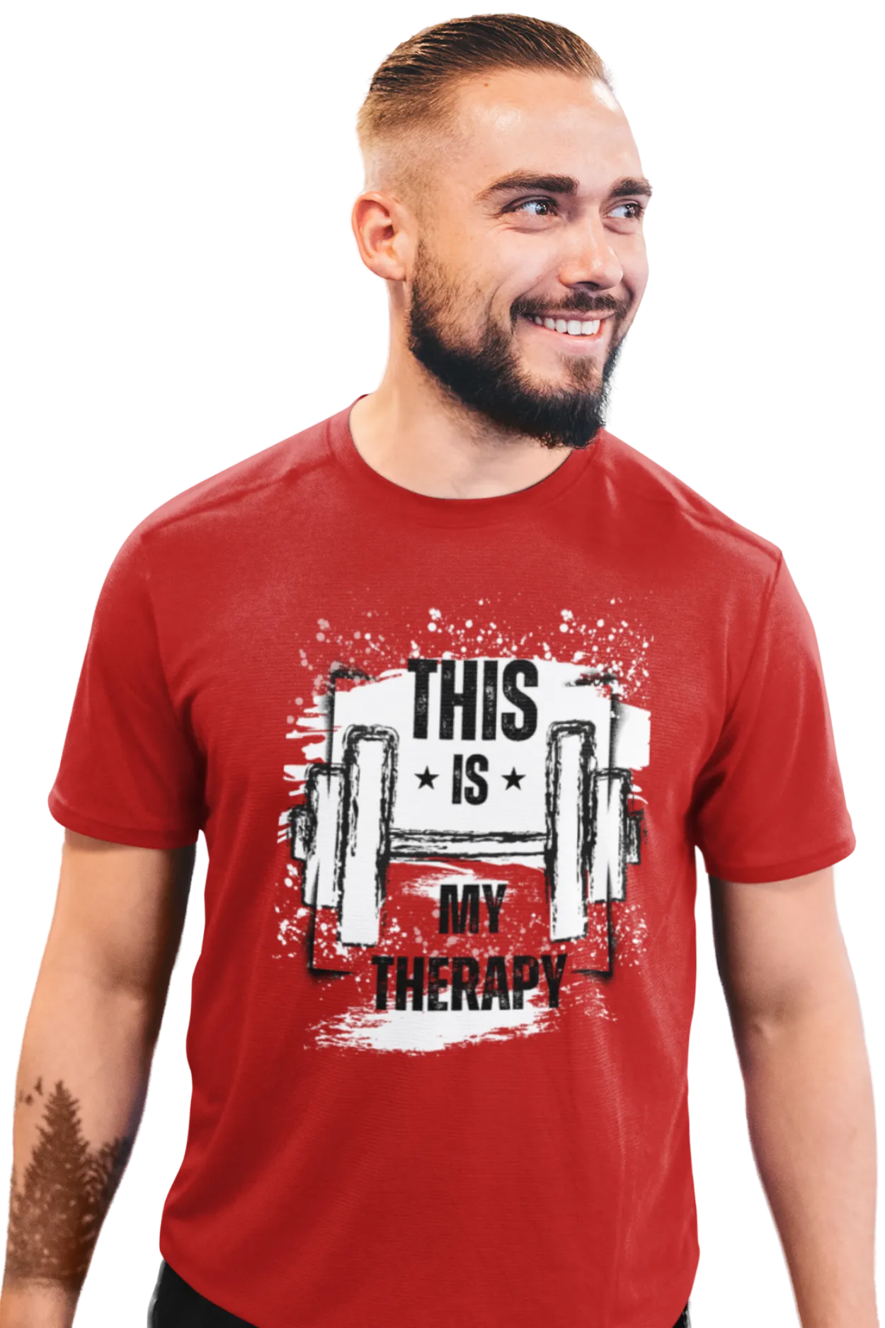 Man wearing a red cotton t-shirt with a graphic dumbbell design and the quote “This Is My Therapy” printed in bold black and white.