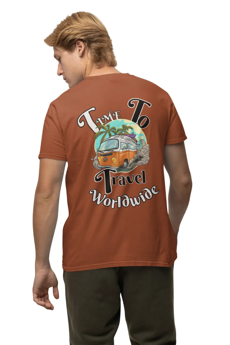 Man wearing a rust brown double impact t-shirt with Time To Travel Worldwide print, showcasing front and back travel designs