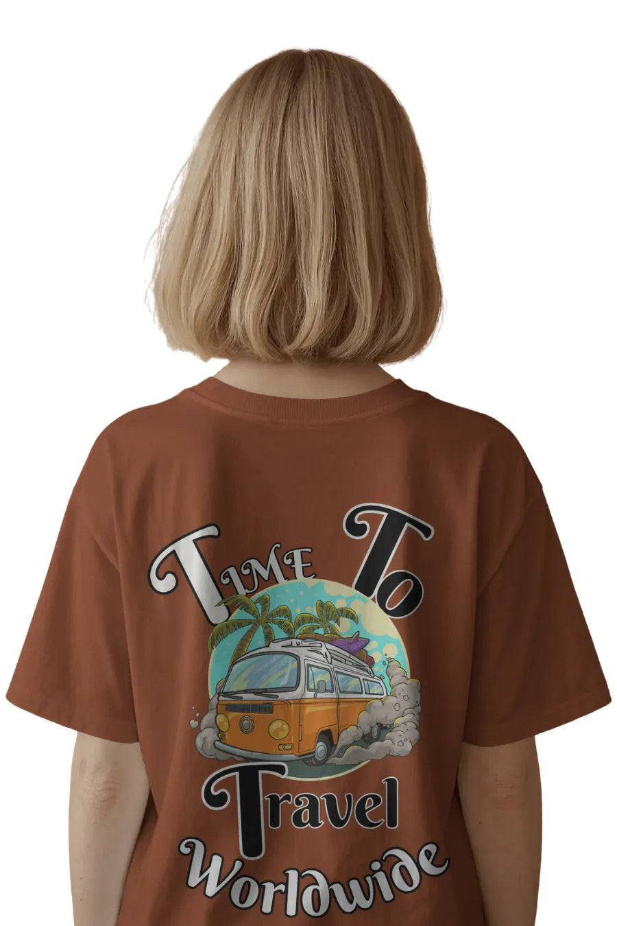 Back view of woman wearing brown relaxed fit t-shirt with van and Time To Travel Worldwide print