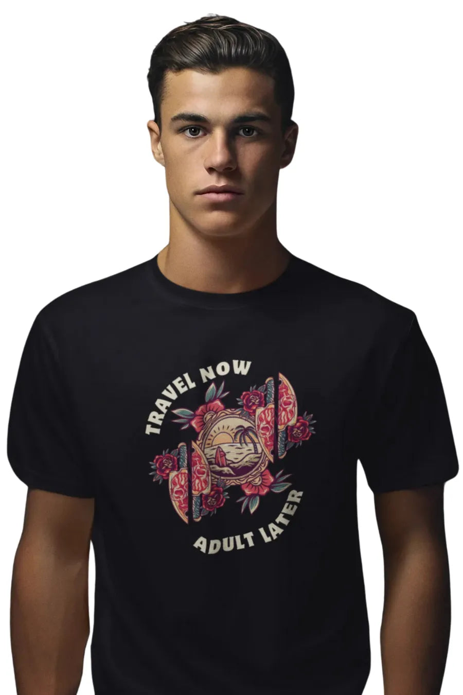 Man wearing a Black T-shirt with 'Travel Now Adult Later' graphic design featuring sunset, waves, and floral elements