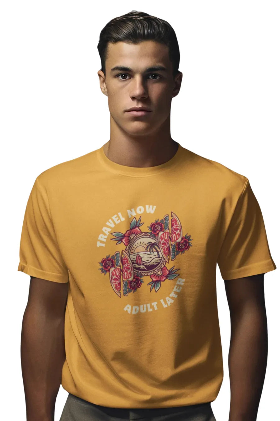 Man wearing a mustard yellow T-shirt with 'Travel Now Adult Later' graphic design featuring sunset, waves, and floral elements