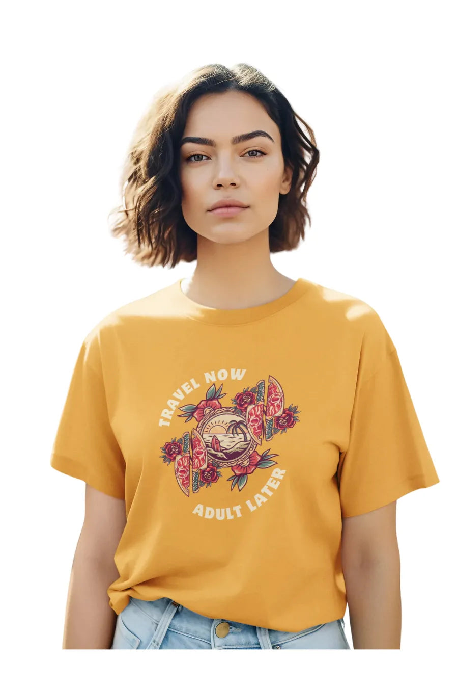 Woman wearing mustard yellow Travel Now Adult Later graphic T-shirt