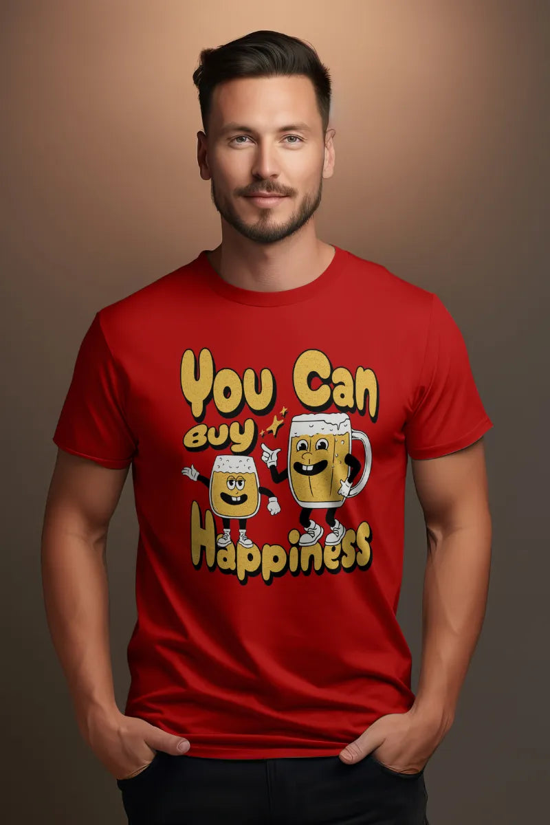 A man wearing a Red t-shirt with cartoon beer mugs and text You Can Buy Happiness
