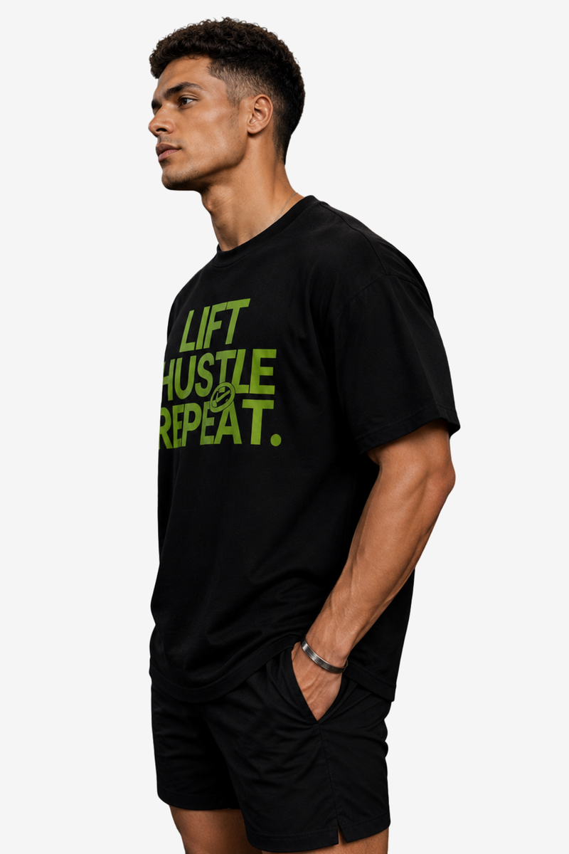 Black men’s T-shirt with green Lift Hustle Repeat gym quote artwork