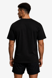 Black men's gym T-shirt with Strength fitness weightlifter artwork and workout quotes
