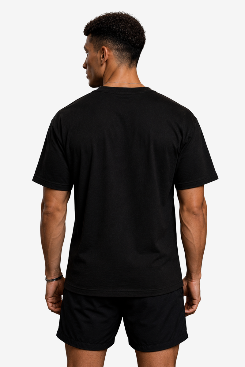 Black men's gym T-shirt with Strength fitness weightlifter artwork and workout quotes