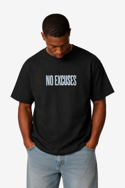 Black No Excuses gym T-shirt with blue panther dumbbell artwork and motivational quote