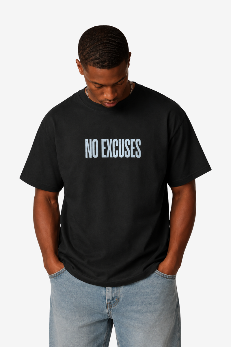 Black No Excuses gym T-shirt with blue panther dumbbell artwork and motivational quote