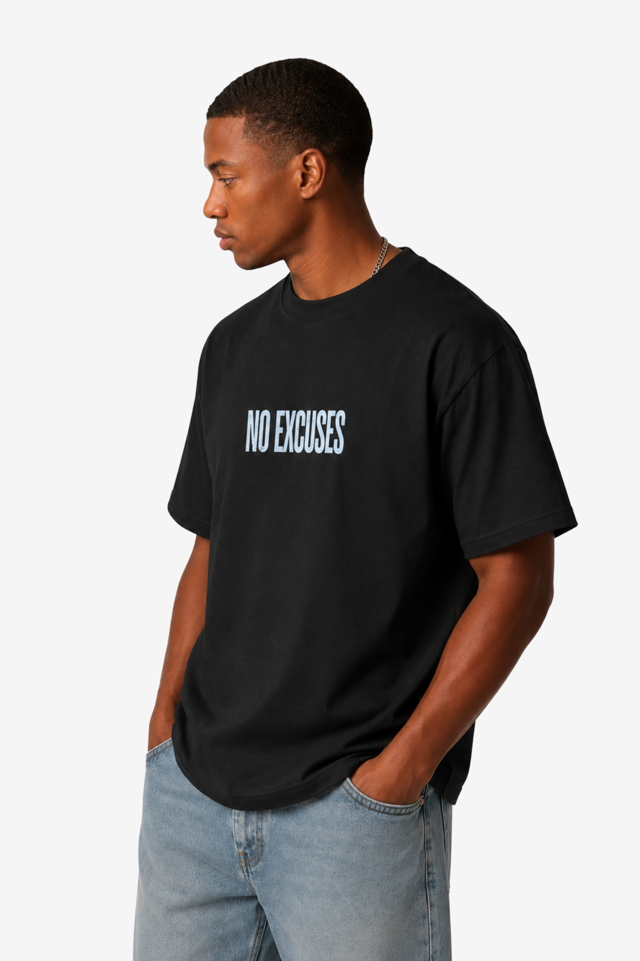 Black No Excuses gym T-shirt with blue panther dumbbell artwork and motivational quote