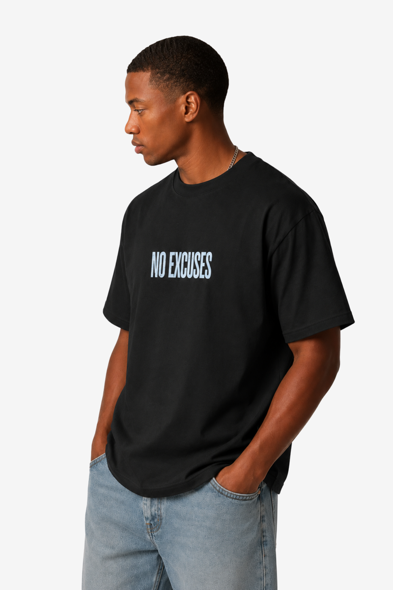 Black No Excuses gym T-shirt with blue panther dumbbell artwork and motivational quote