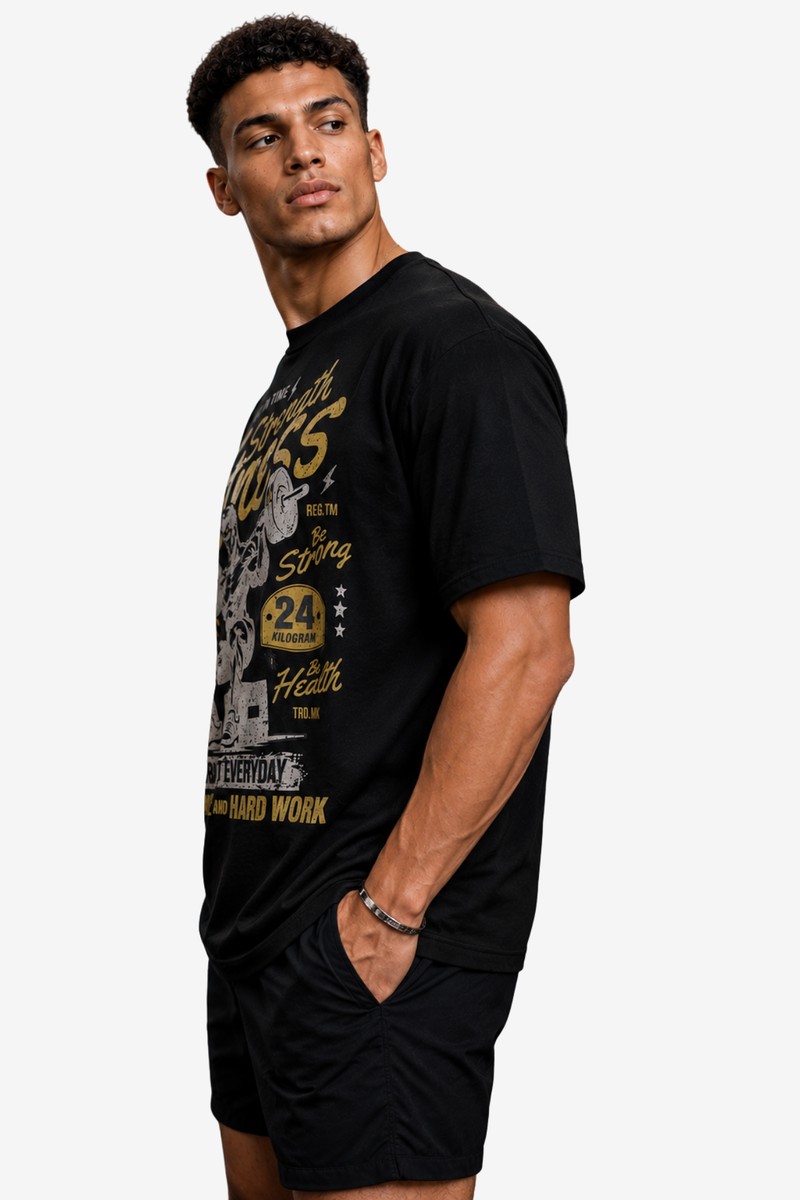 Black men's gym T-shirt with Strength fitness weightlifter artwork and workout quotes