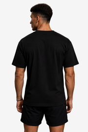 Black men’s T-shirt with green Lift Hustle Repeat gym quote artwork