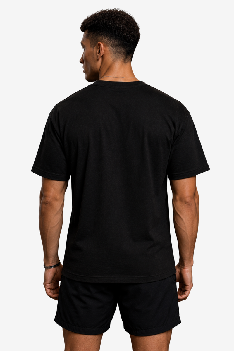 Black men’s T-shirt with green Lift Hustle Repeat gym quote artwork