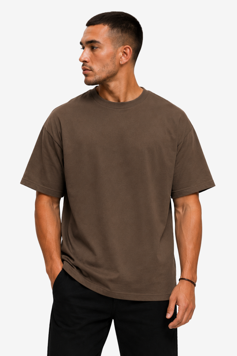 Copper men's oversized gym T-shirt with dumbbell art and Nothing Will Work Unless You Do quote