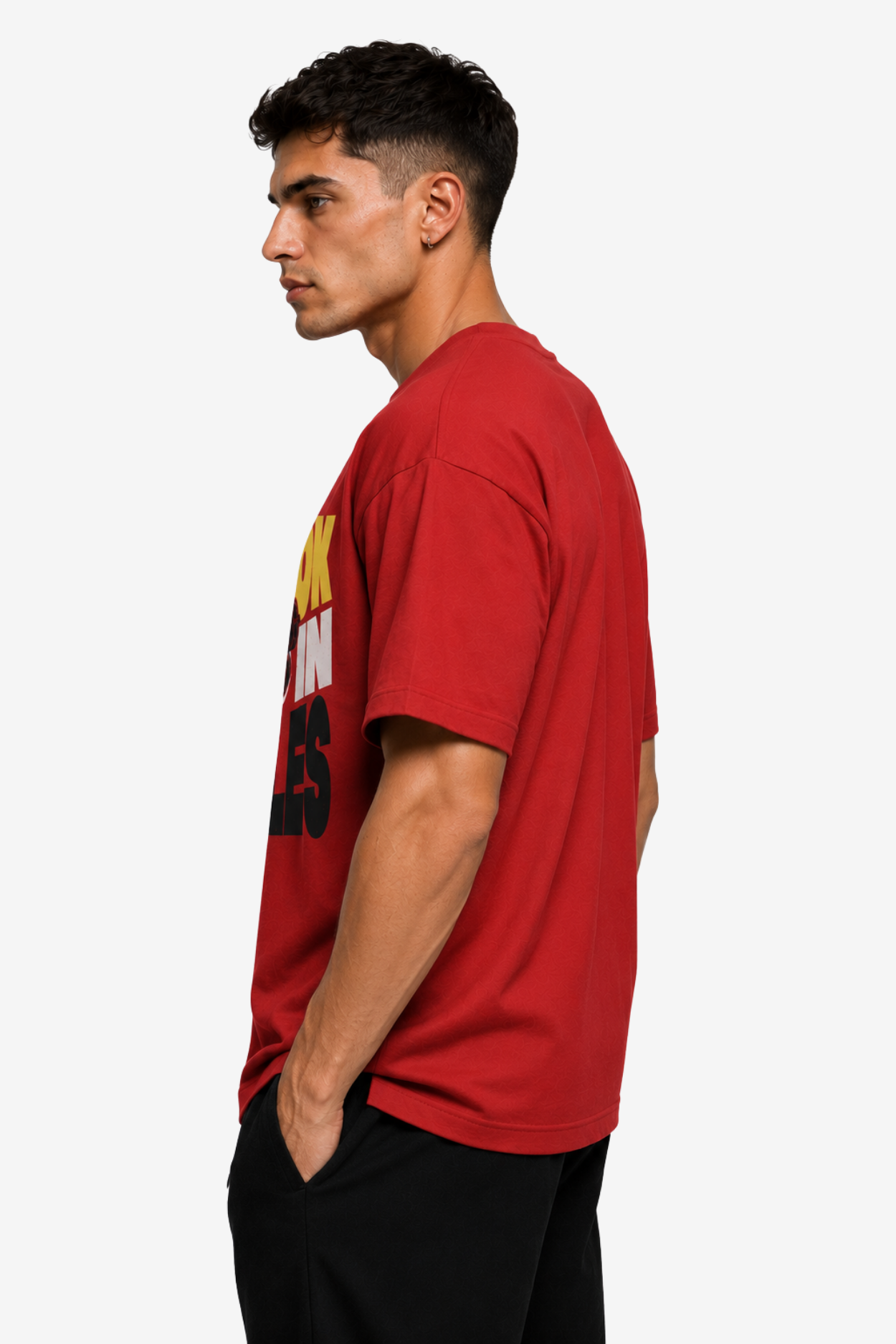 Red men’s T-shirt with You Look Good in Muscles gym quote and weightlifter artwork