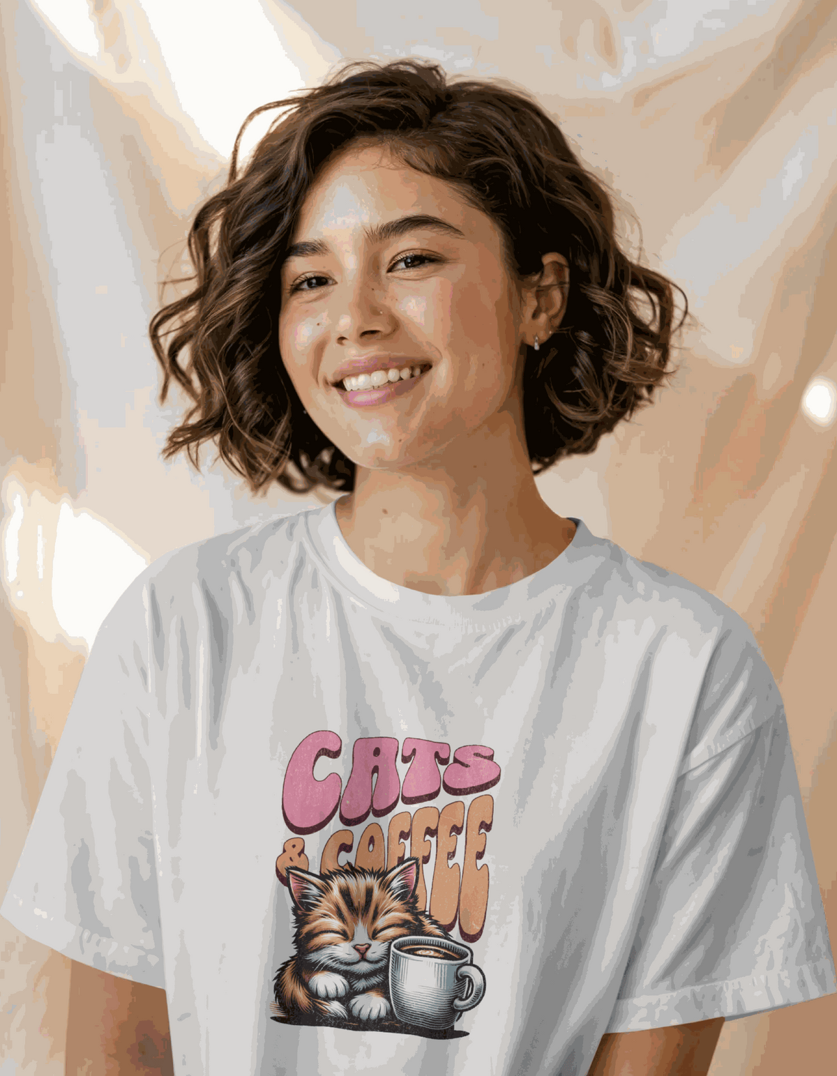 Cats & Coffee | Women's Off-White T-shirt | Coffee