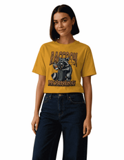 Raccoon Morning | Women's Mustard T-shirt | Coffee
