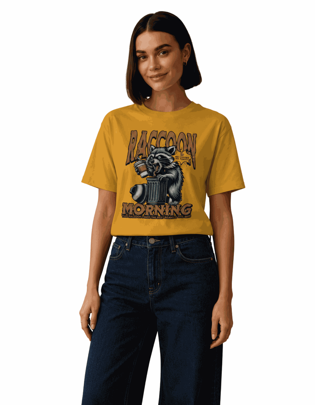 Raccoon Morning | Women's Mustard T-shirt | Coffee