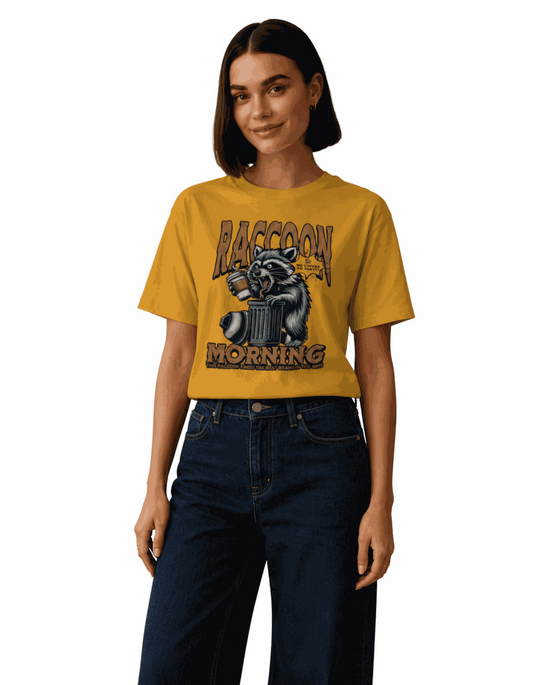 Raccoon Morning | Women's Mustard T-shirt | Coffee
