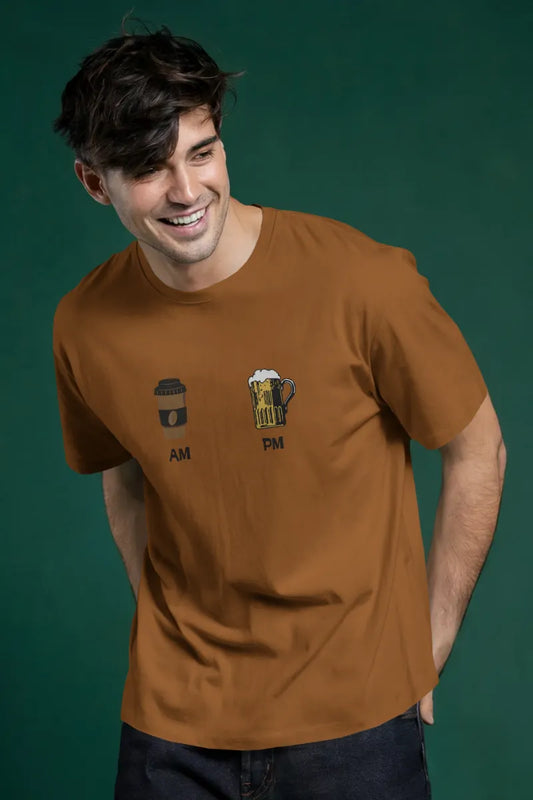 A man wearing a Rust brown t-shirt with AM coffee cup and PM beer mug graphics