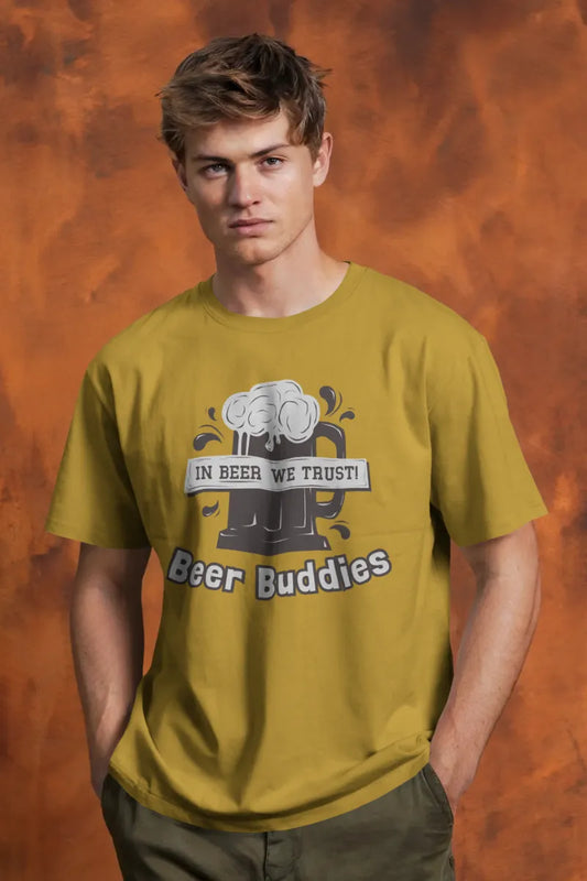 A man wearing a Mustard yellow t-shirt with In Beer We Trust and Beer Buddies print